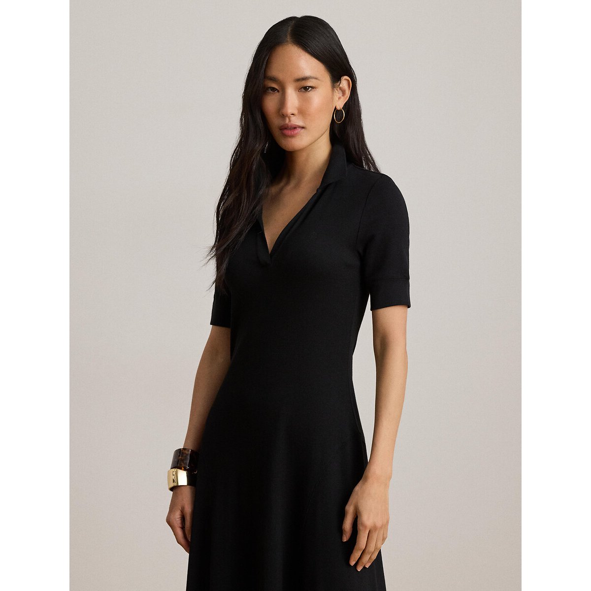 Robe midi manches courtes à col polo noir, LAUREN RALPH LAUREN