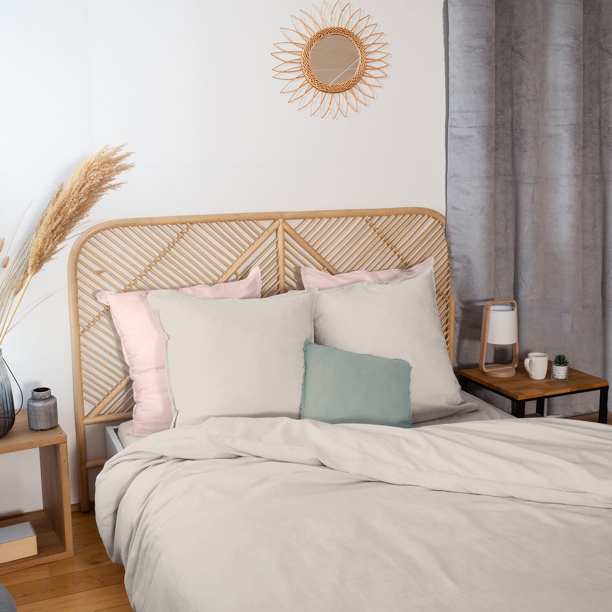 Parure housse de couette en coton et lin unie, LYNN sable, C DESIGN HOME TEXTILE