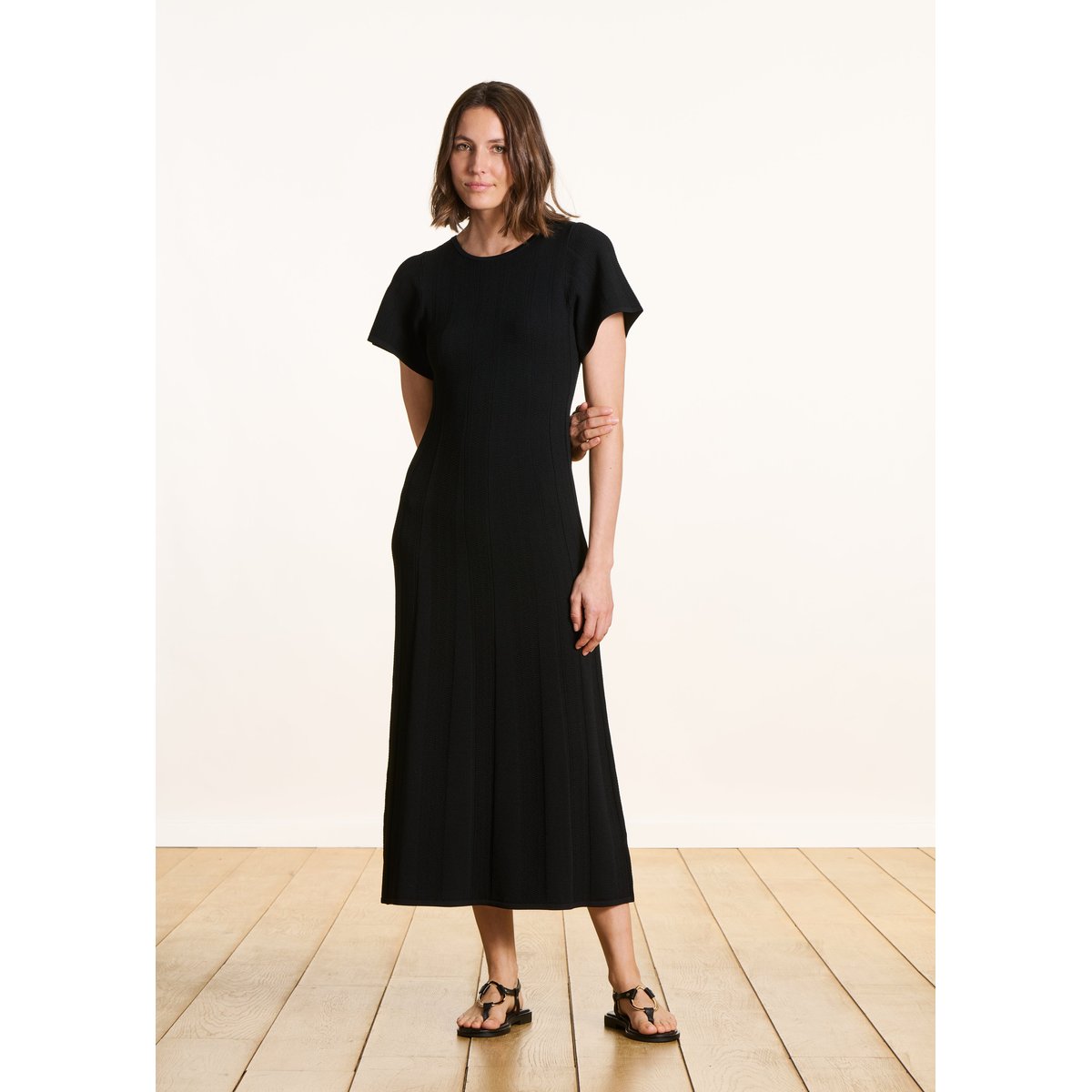 Robe longue en maille à manches courtes noir, LA FEE MARABOUTEE
