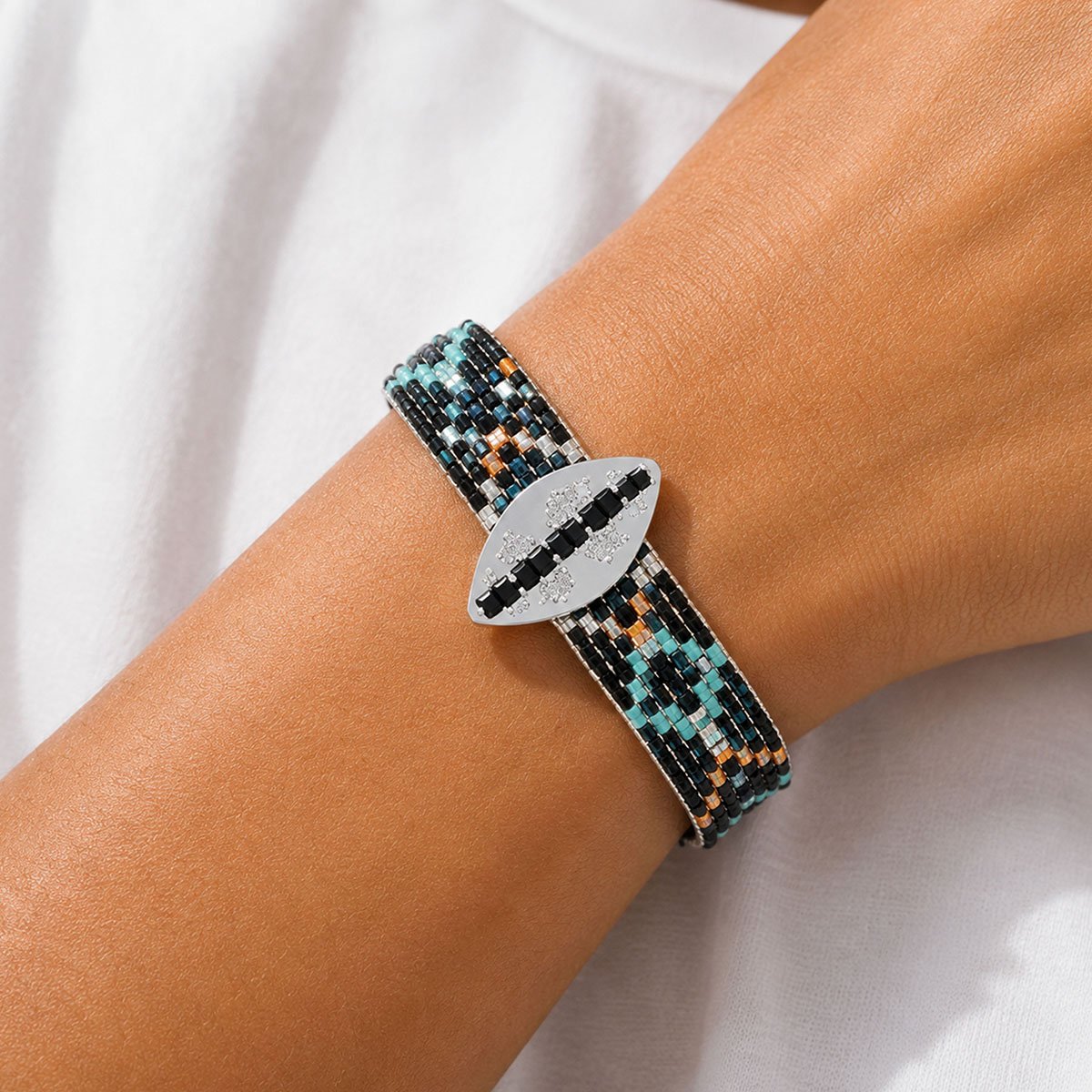 Bracelet manchette perles tissées avec cabochon KAIRO noir, HIPANEMA