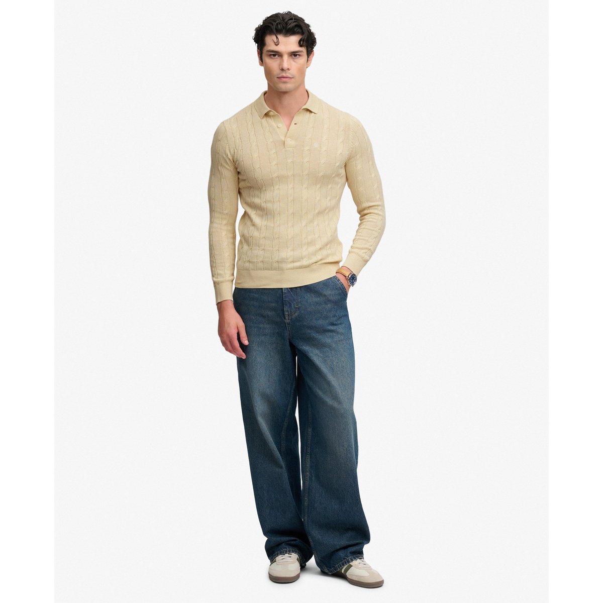 Polo Maille Torsadée Manches Longues Coupe Décontractée beige avoine, SUPERDRY