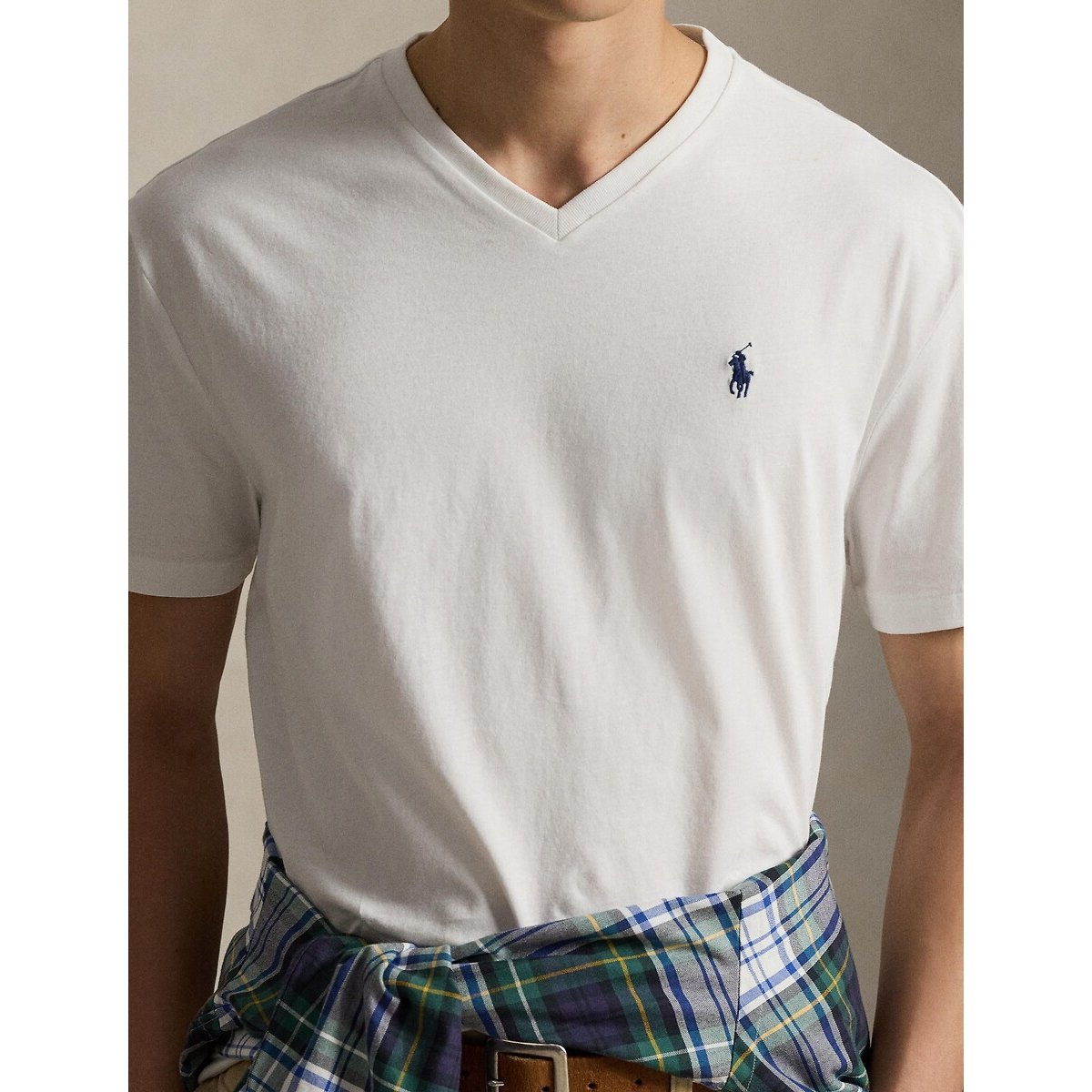 T-shirt scollo a V in jersey di cotone bianco, POLO RALPH LAUREN