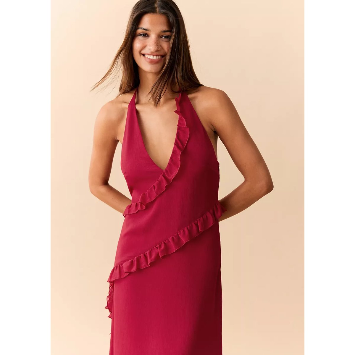 Robe à emmanchures américaines à volants rouge, MANGO TEEN