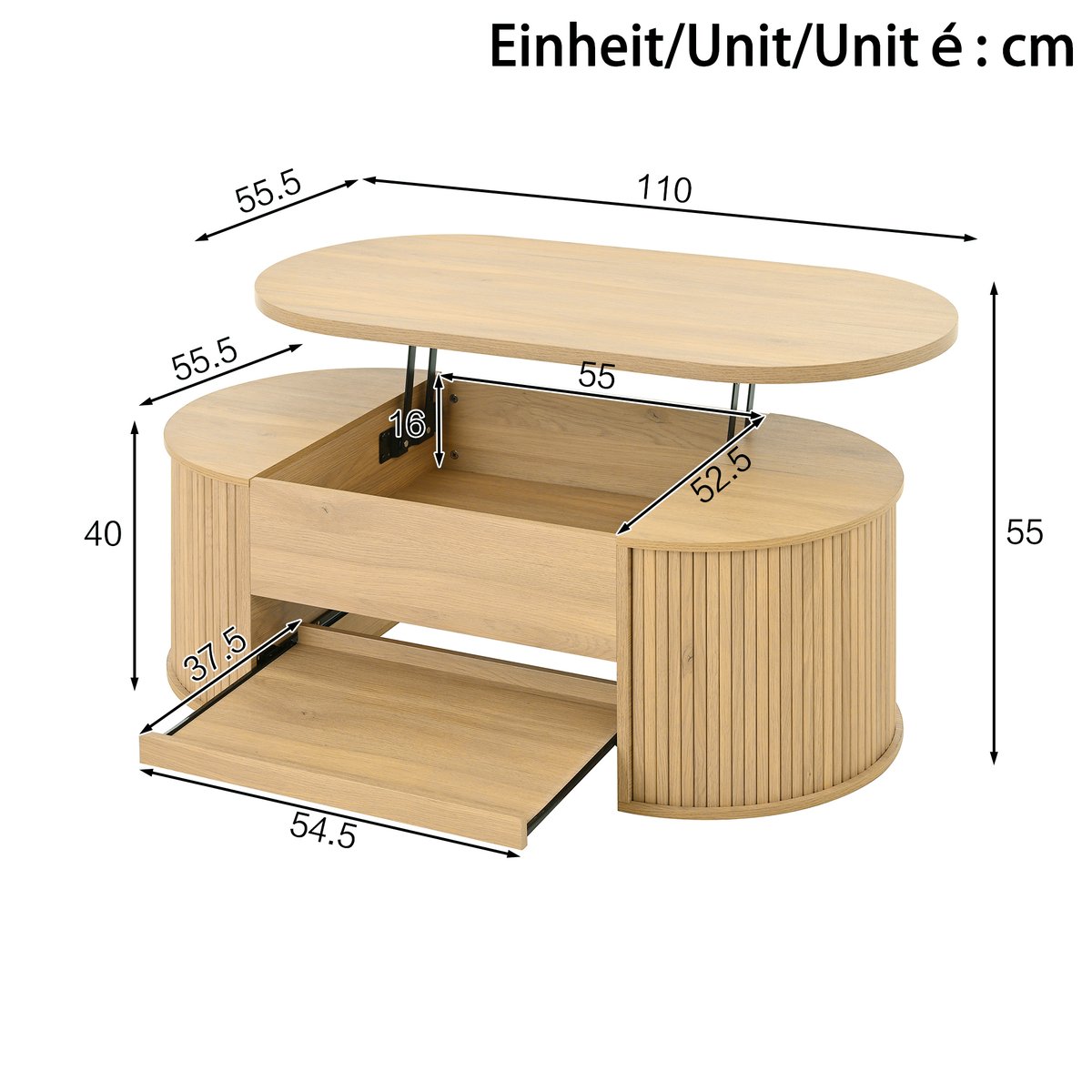 Table basse relevable panneaux courbes, CHESTNUT oak, MEUBLES COSY