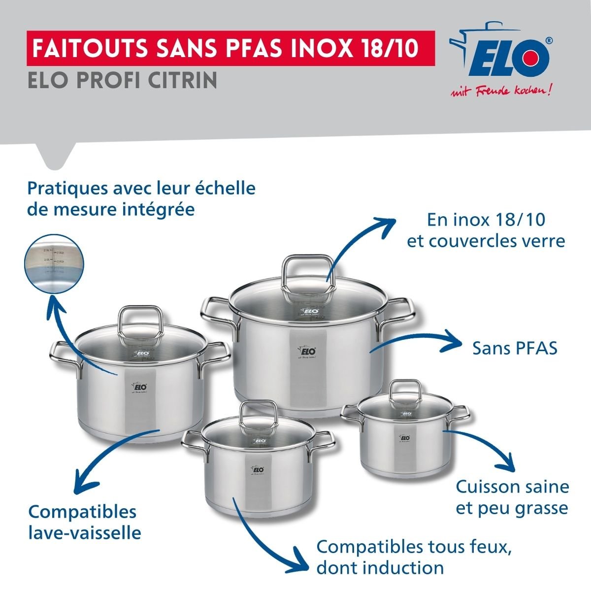 2 poêles 24/28cm + 4 faitouts 12/14/16/20cm PROFI CITRIN gris, ELO