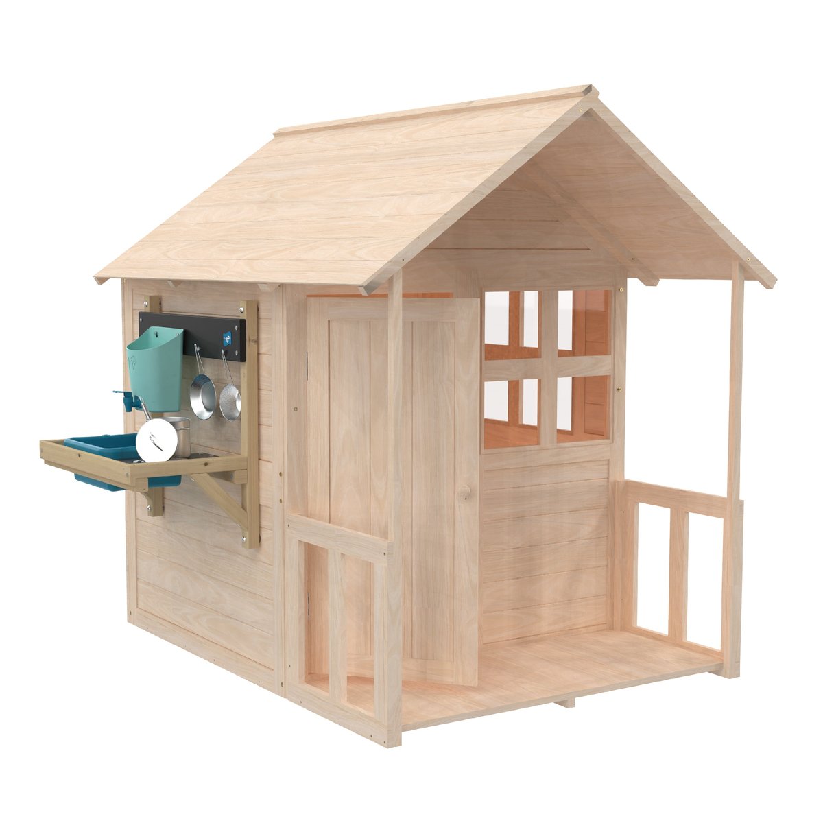 Maisonnette avec plancher, véranda et cuisine BOUTON D'OR COTTAGE marron - bleu, TP TOYS
