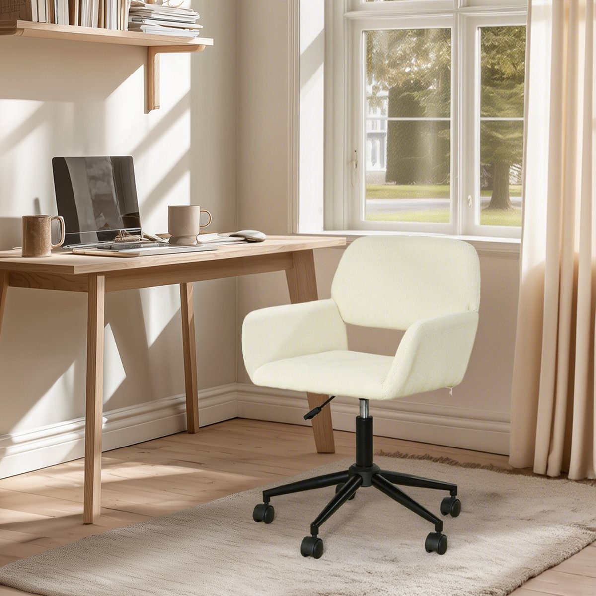 Chaise de bureau rotatif réglable en hauteur en velours côtelé, ROSS beige, MEUBLES COSY