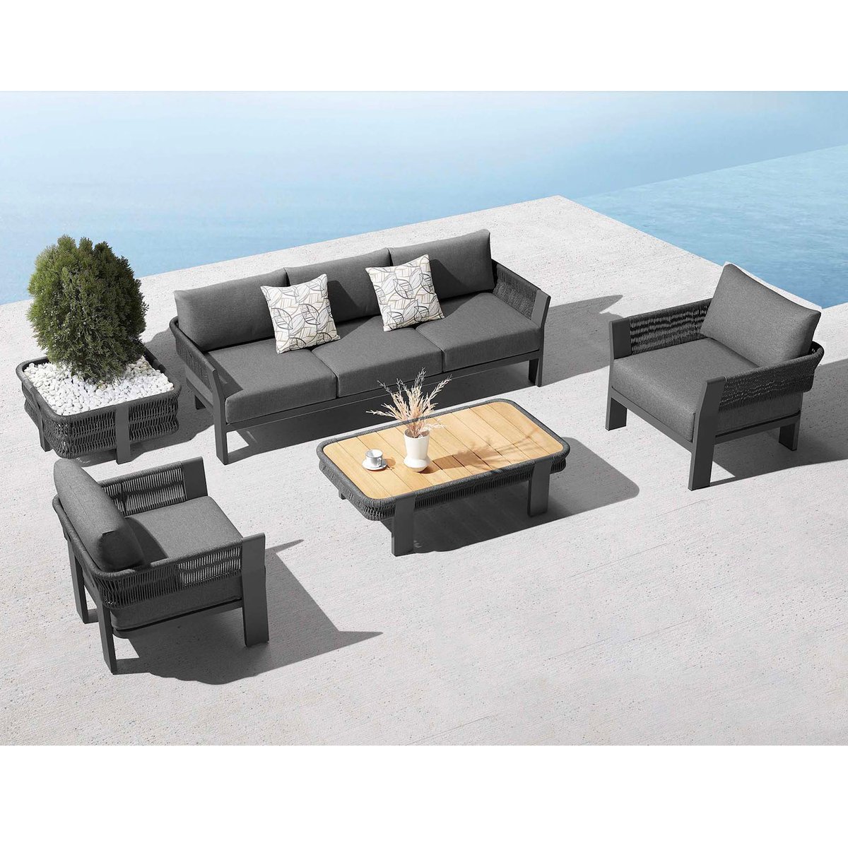 Salon de jardin 5 places en aluminium et corde tressée, OLBY gris anthracite, AU JARDIN DE CHLOÉ