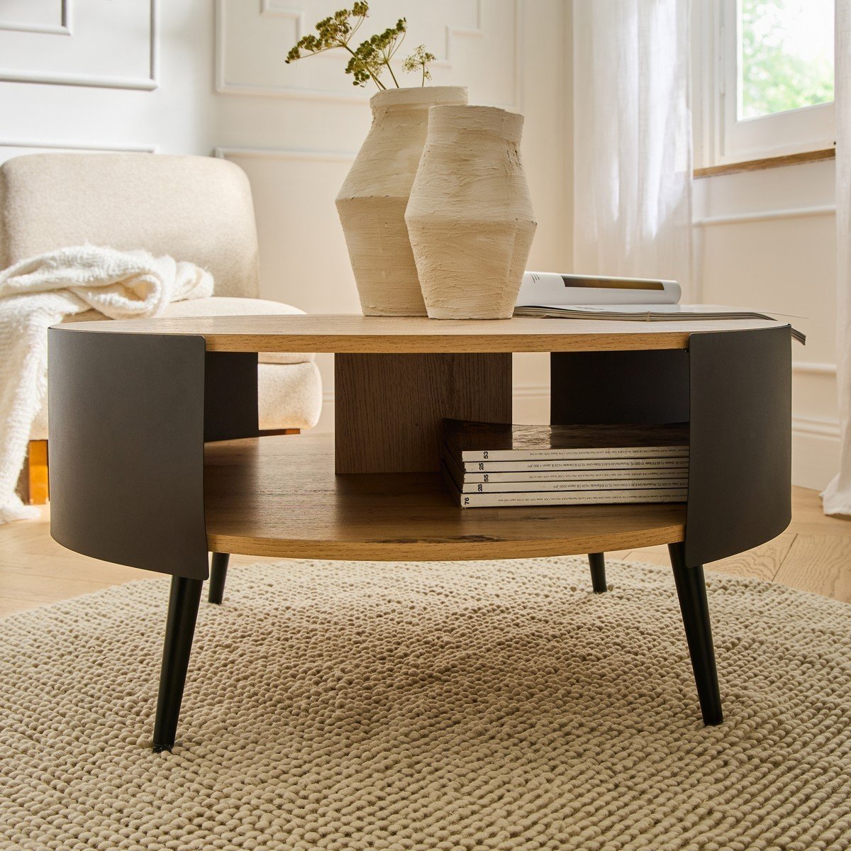 Table Basse Ronde 2 Niveaux Flancs Métal Noir Dia 80cm - EKLO chêne, CALICOSY
