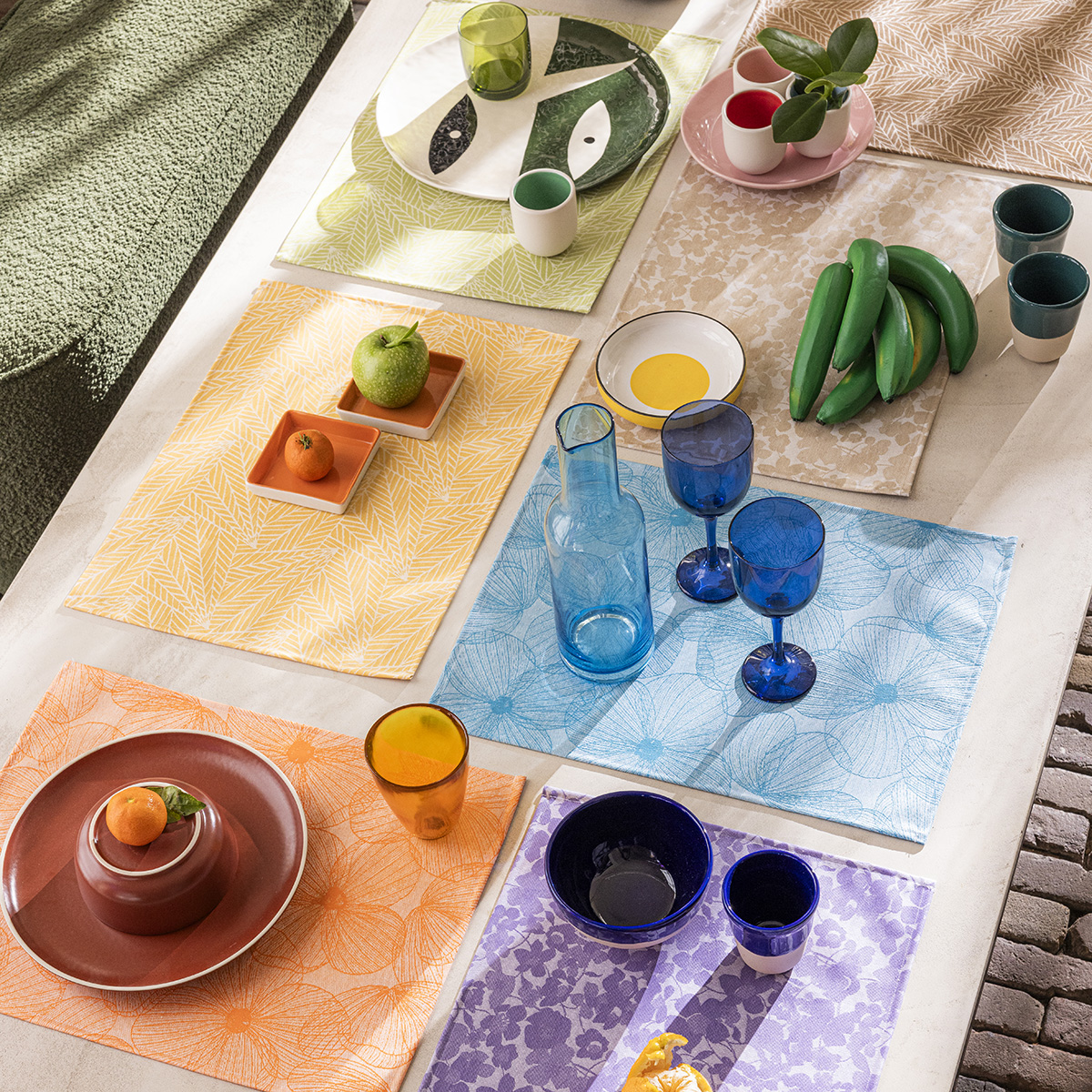 Set de table enduit, A LA CARTE FEUILLES anis, LE JACQUARD FRANCAIS
