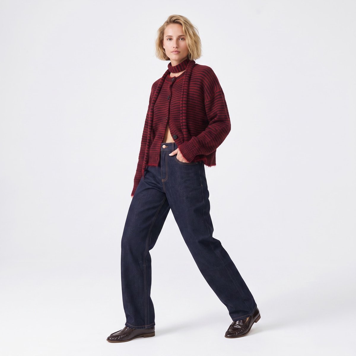Cardigan femme écharpe intégré à rayures ANAURA red, ARTLOVE