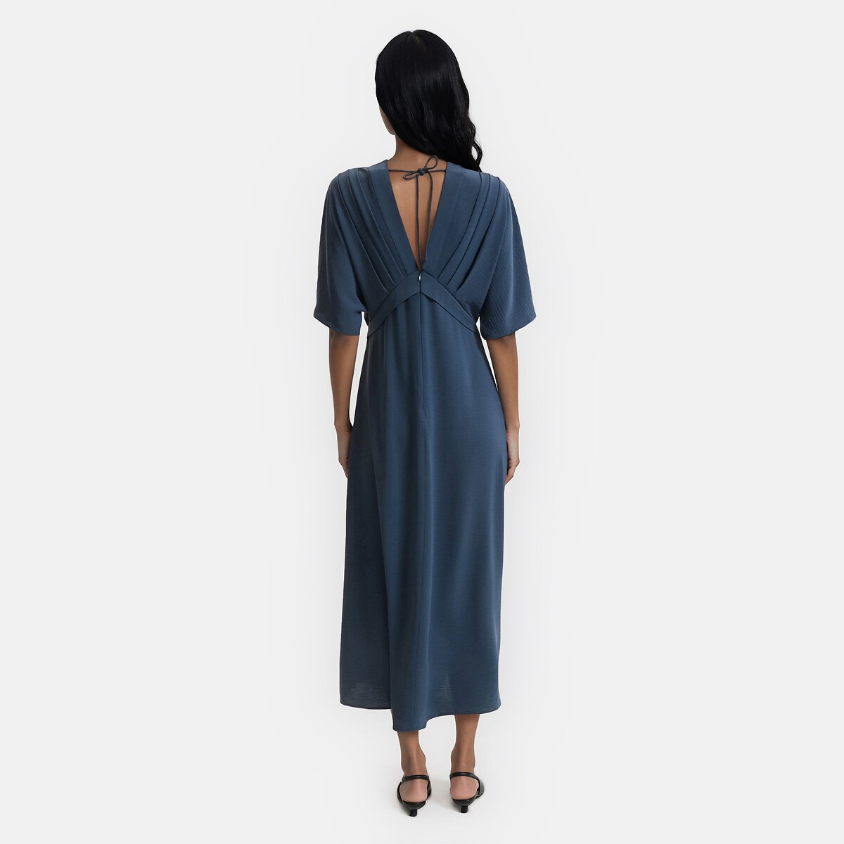 Abito lungo svasato, scollo a V, maniche al gomito blu marino, LA REDOUTE COLLECTIONS