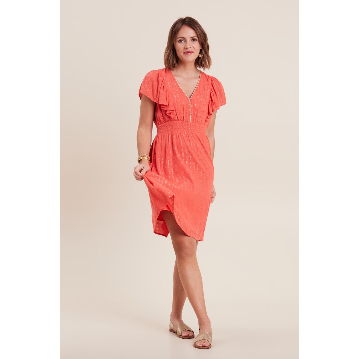 Robe droite fluide smockée orange clair, BREAL