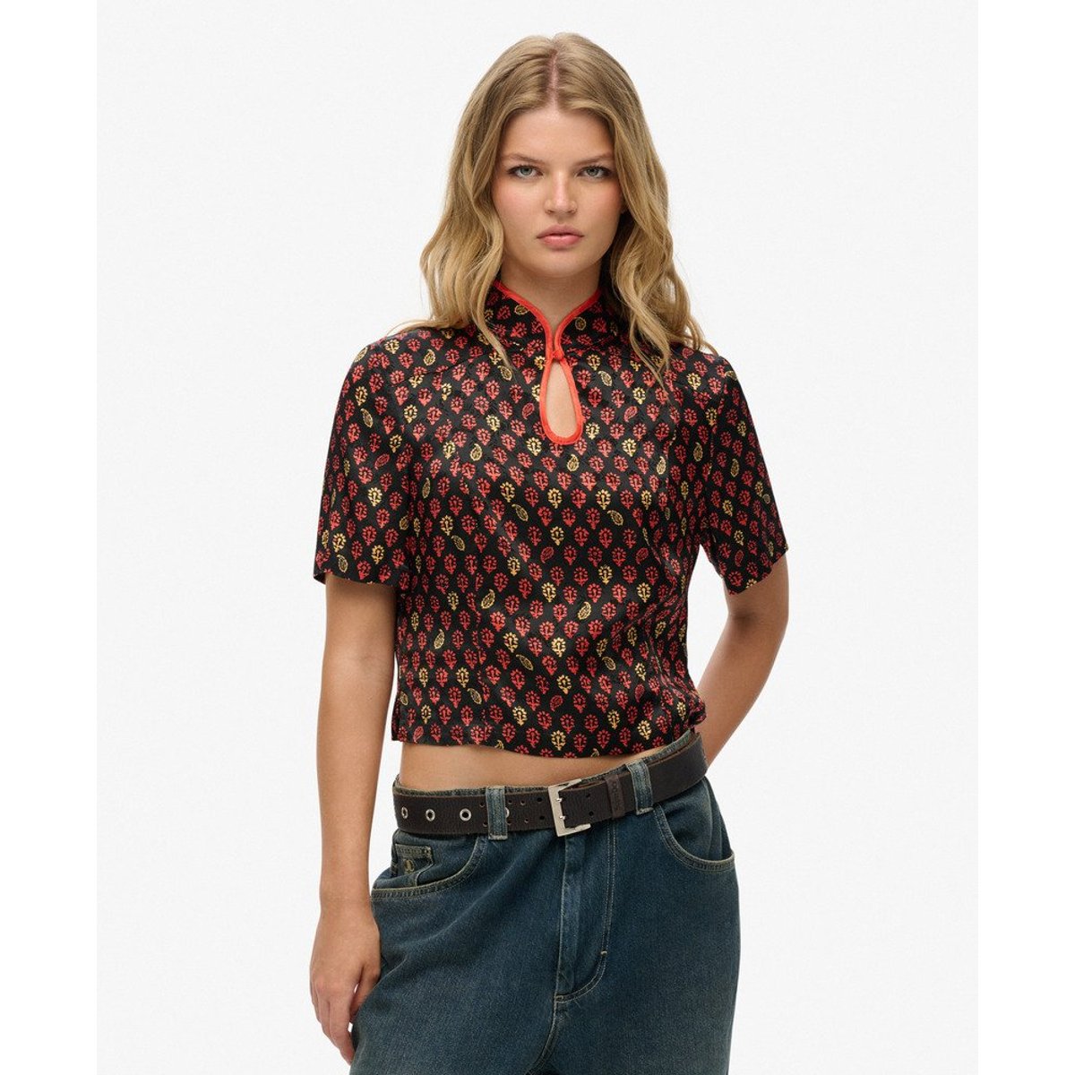 Haut en jacquard à col Mao noir block floral, SUPERDRY