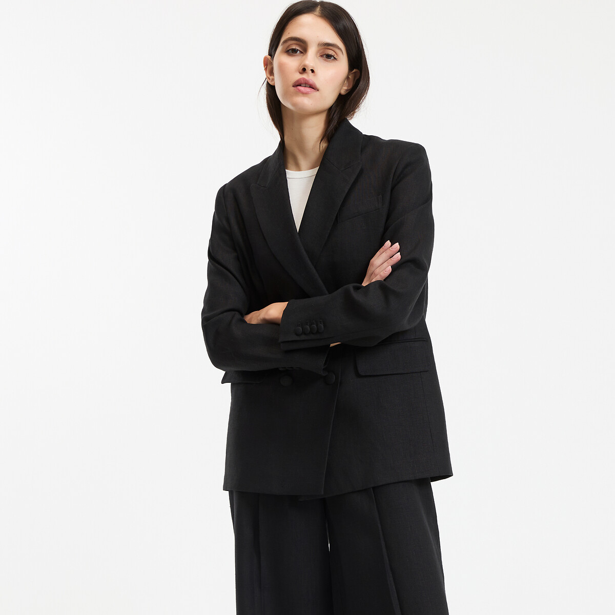 Blazer croisé coupe ample en lin noir, LA REDOUTE COLLECTIONS