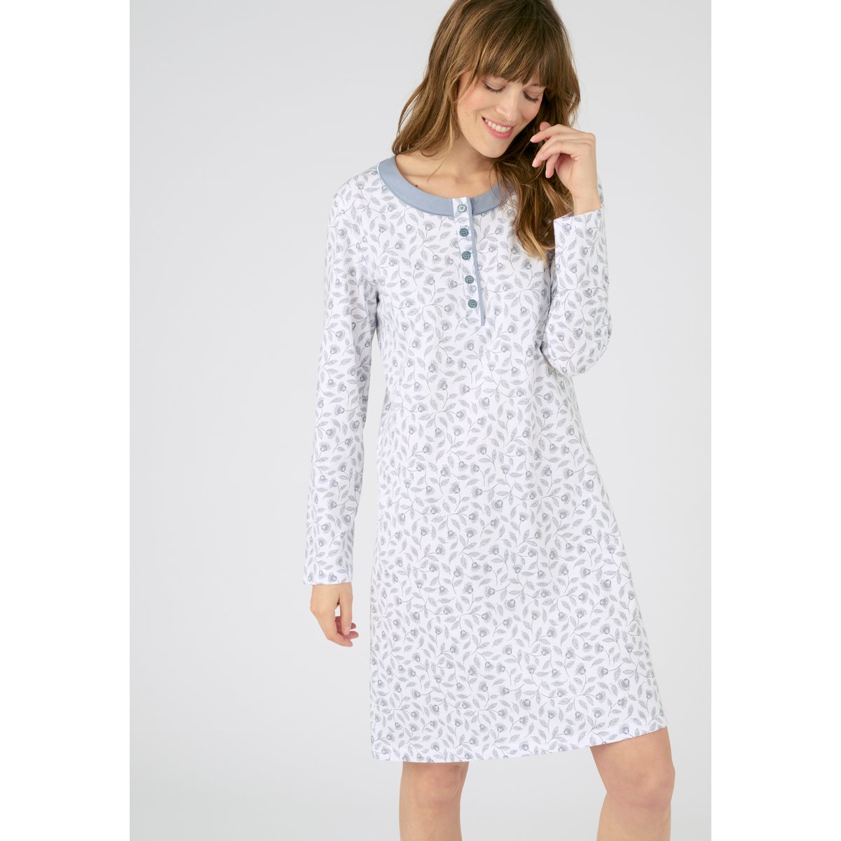 Chemise de nuit maille jersey pur coton imp. bleu, DAMART
