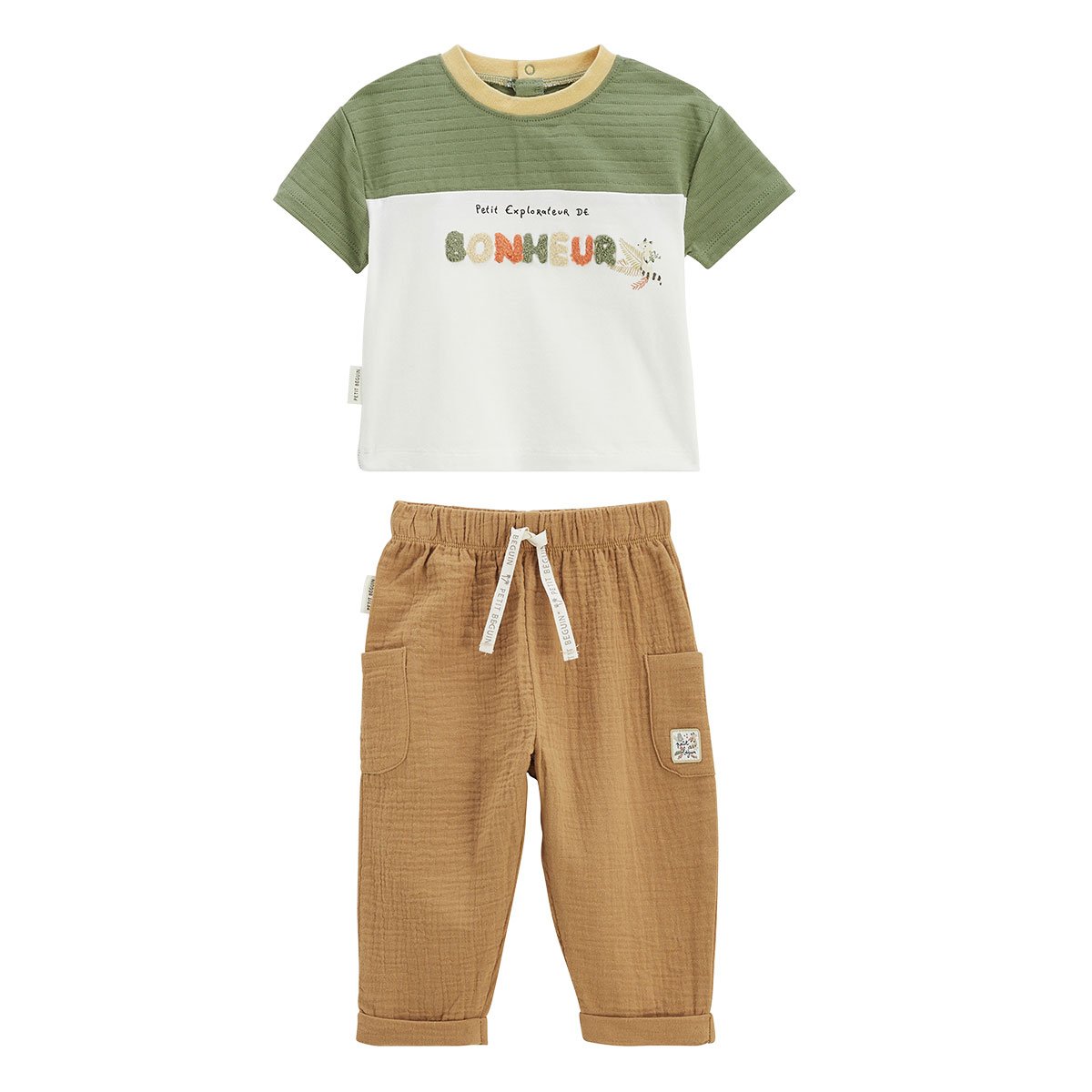 Ensemble enfant t-shirt et pantalon en gaze de coton Gabin camel, PETIT BEGUIN