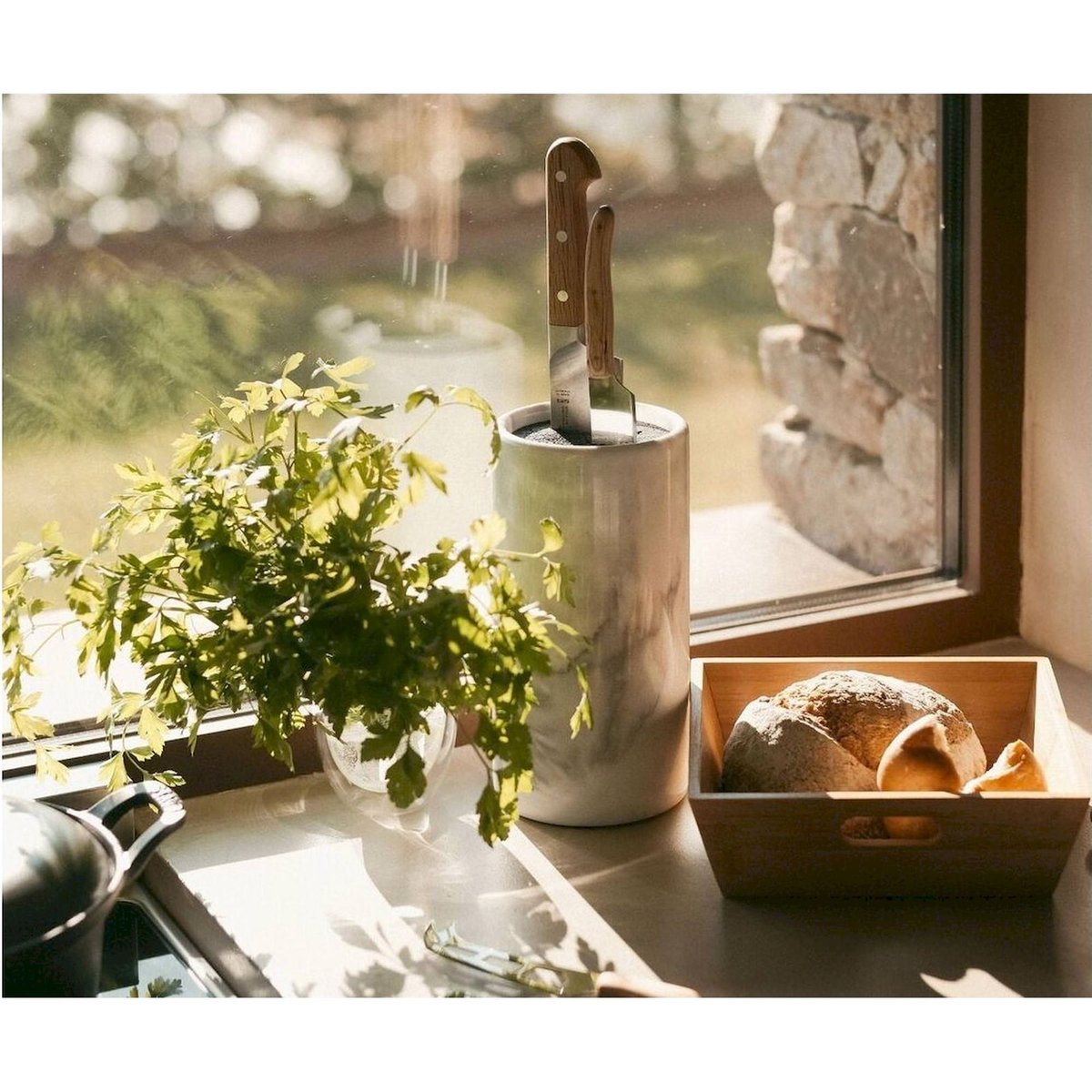 Porte-couteaux rond en marbre pour cuisine marbre blanc veiné gris, RECOLLECTION