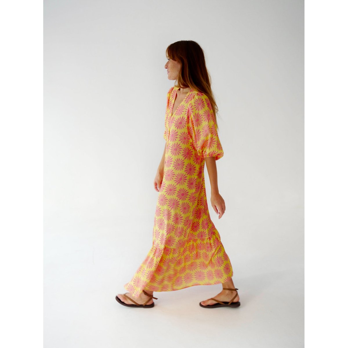 Robe longue imprimée volant MICA jaune / rose, MINDTRAVELER