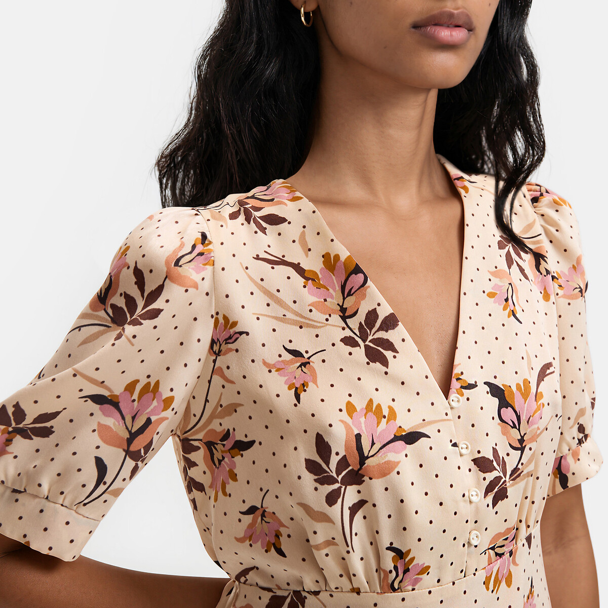 Robe midi col V, imprimé floral, manches courtes imprimé fleur rose, LA REDOUTE COLLECTIONS