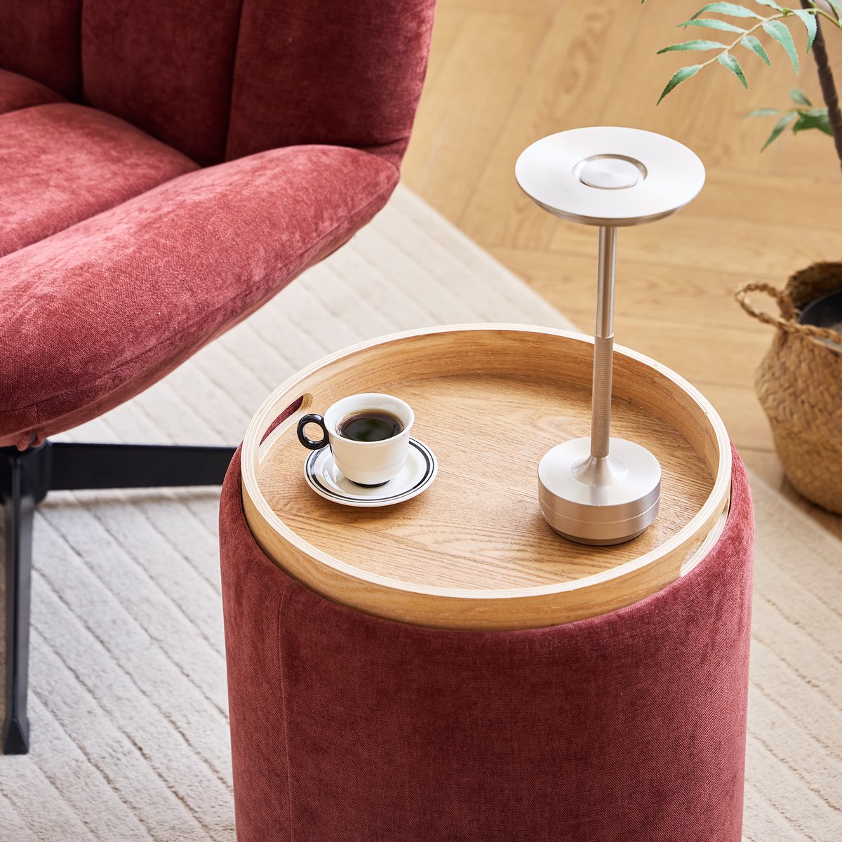 Pouf avec rangement, tissu et bois, KEMI terracotta, NORDLYS