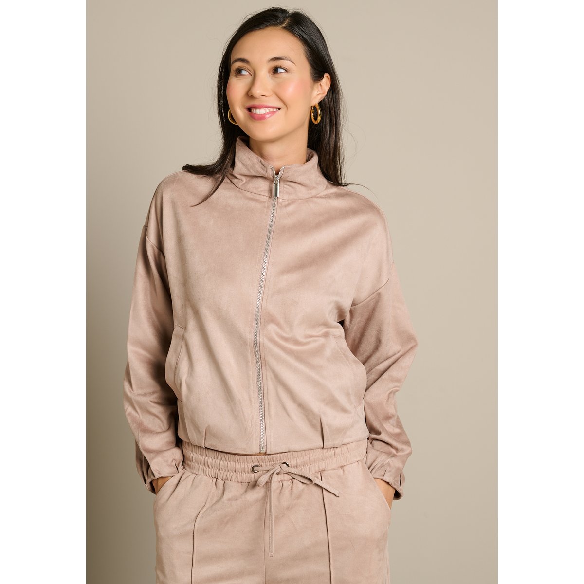 Veste zippée effet suédé taupe, LOLALIZA