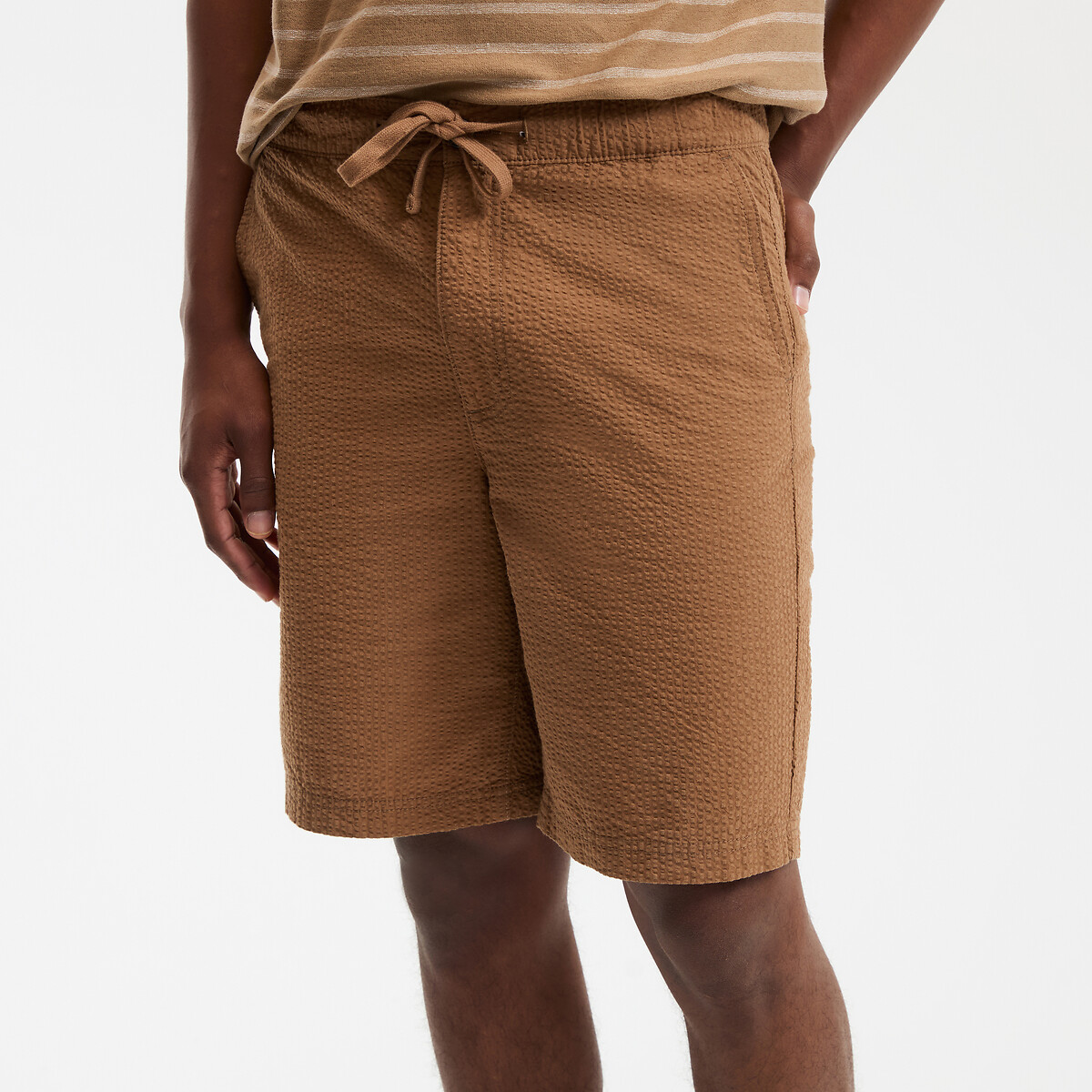 Bermuda in tessuto Seersucker con elastico in vita marrone, LA REDOUTE COLLECTIONS
