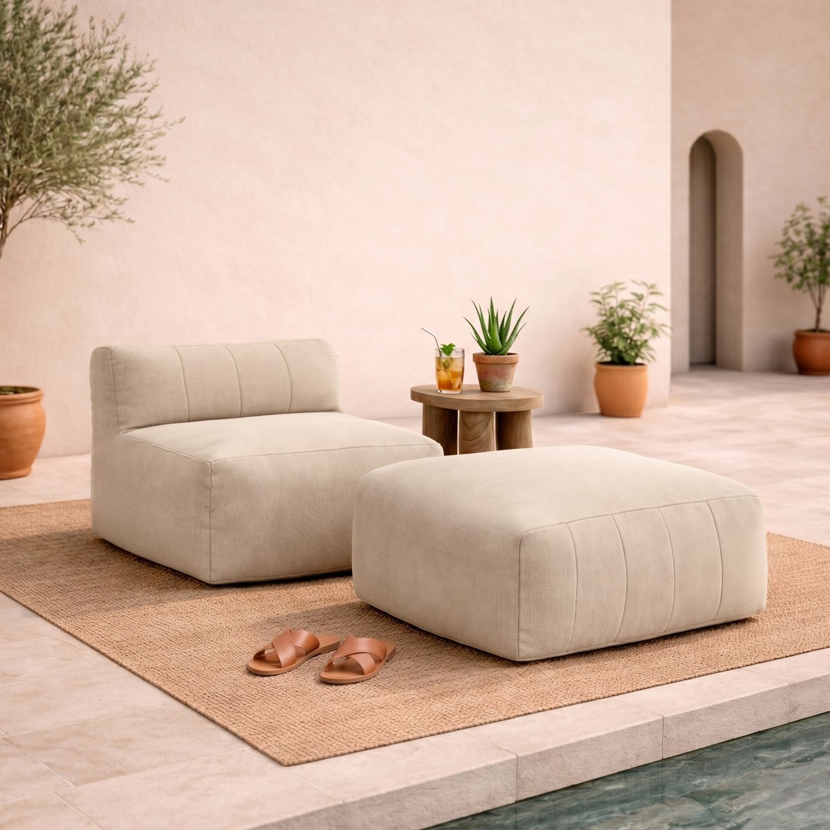 Pouf canapé de jardin modulable 2 places en oléfine imperméable Oeko-Tex® - ZEN beige, ICON