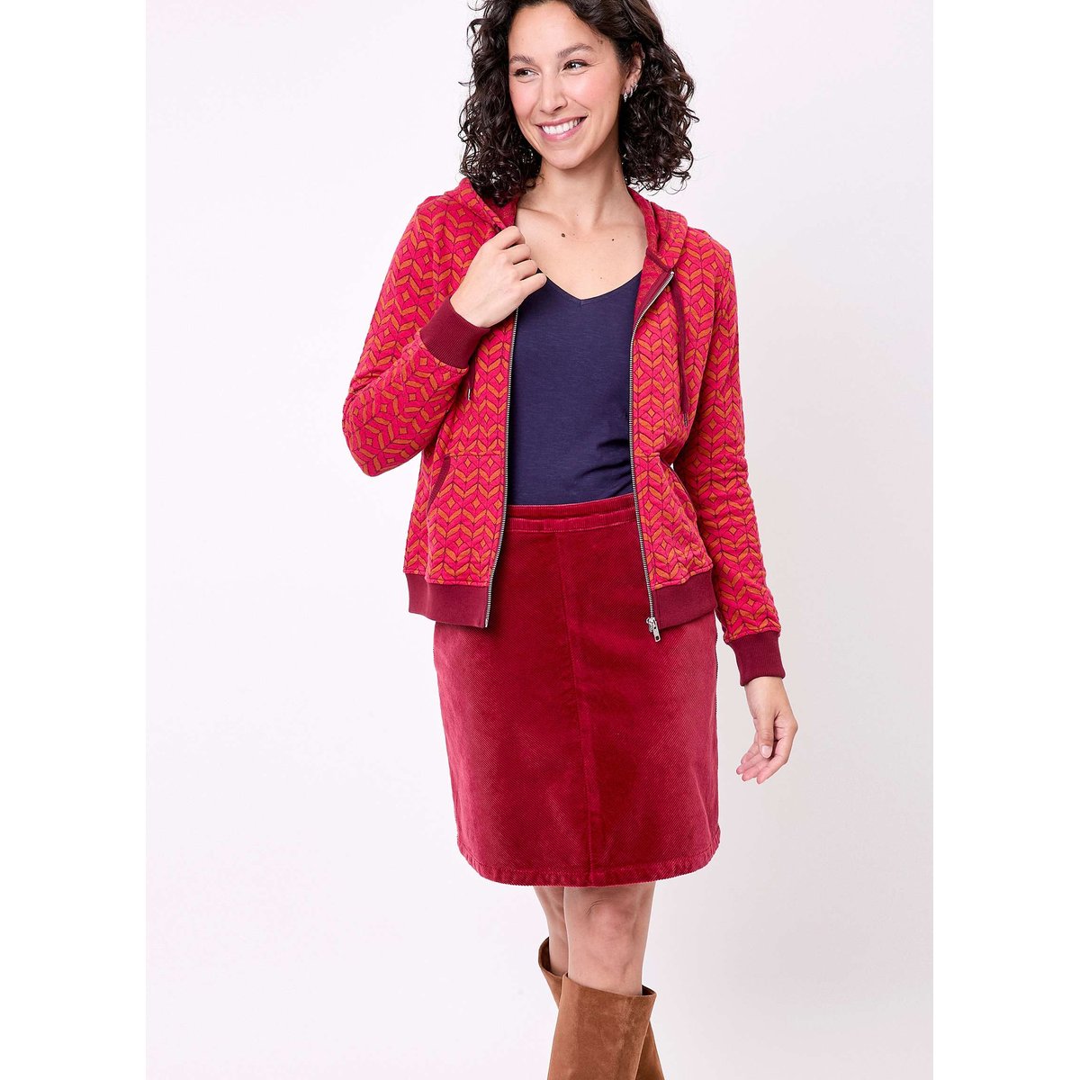 Sweat zippé maille jacquard YUMI rouge grenade, LA FIANCÉE