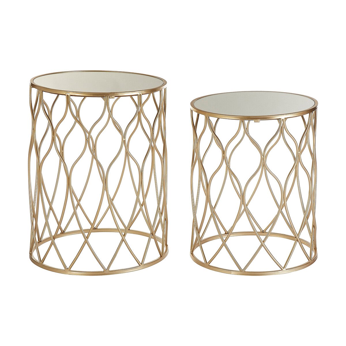 Set of 2 Round Side Tables with Mirror Top in Champagne Iron gold-coloured, SO'HOME