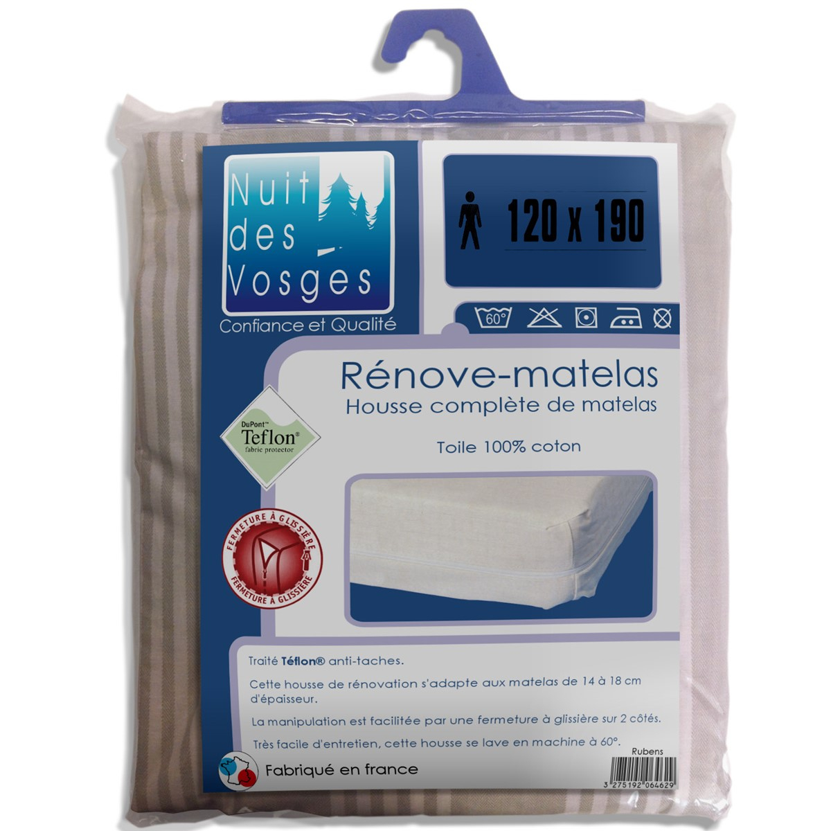 Housse zippée - Rénove-Matelas beige/blanc, TRADITION DES VOSGES
