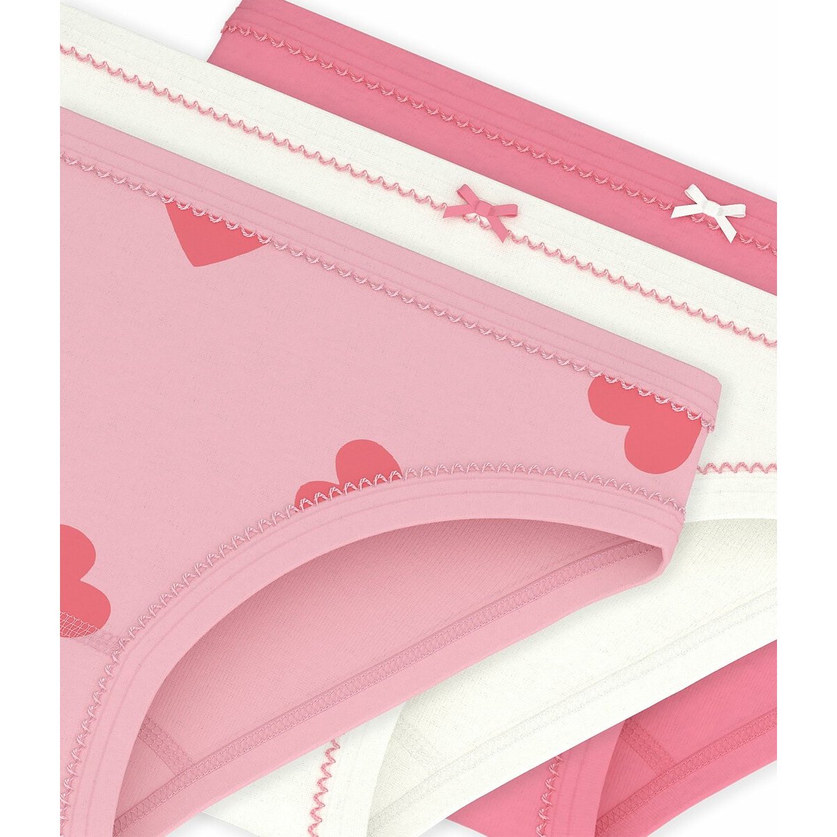 Lot de 3 culottes, en coton, imprimé cœurs rose + blanc, PETIT BATEAU