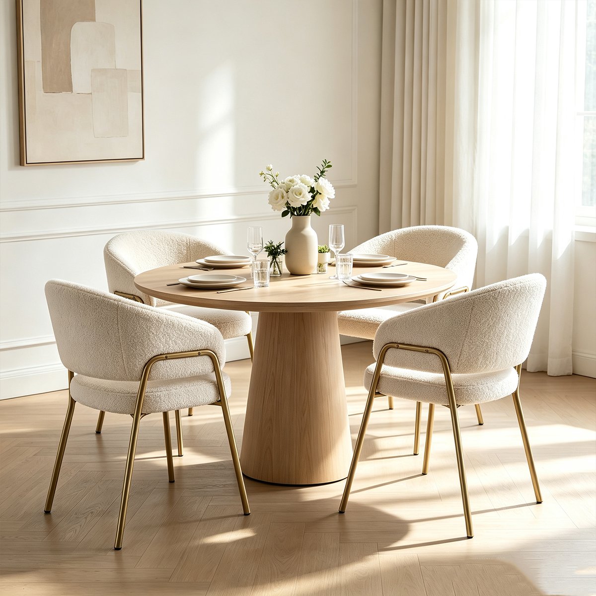 Lot de 4 fauteuils de salle à manger modernes en tissu bouclette, JERRIES blanc, MEUBLES COSY