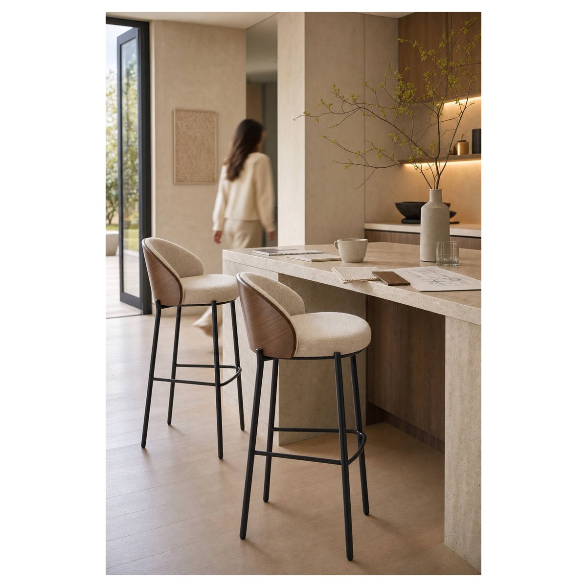 Tabouret haut tissu et dossier en chêne beige, noyer et noir, RECOLLECTION