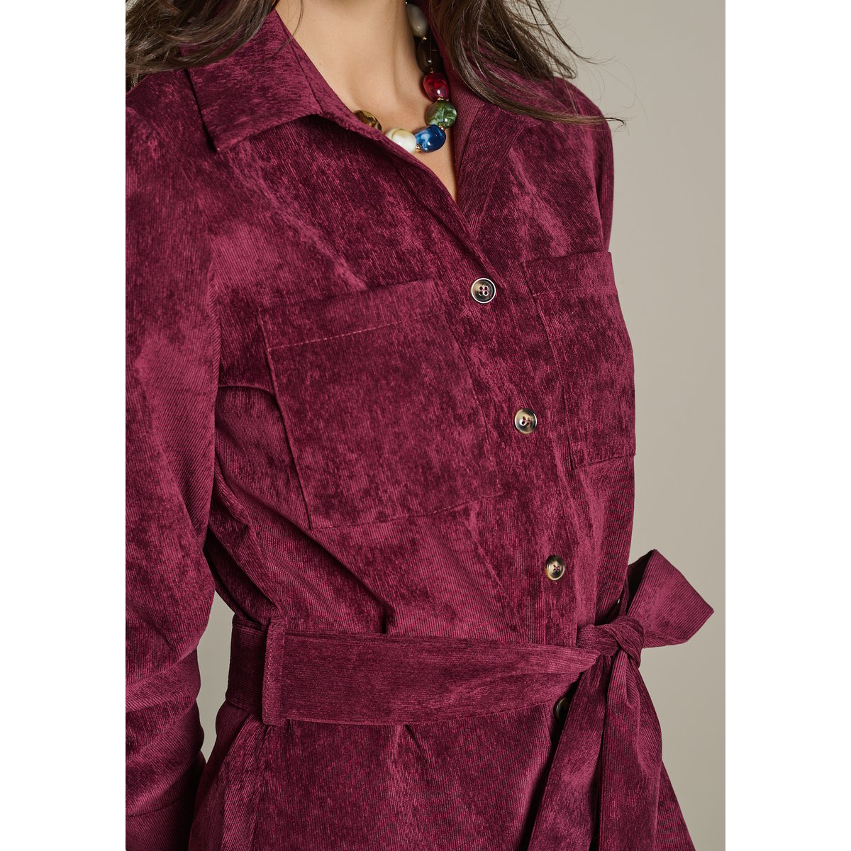 Robe chemise midi côtelée aubergine, LOLALIZA