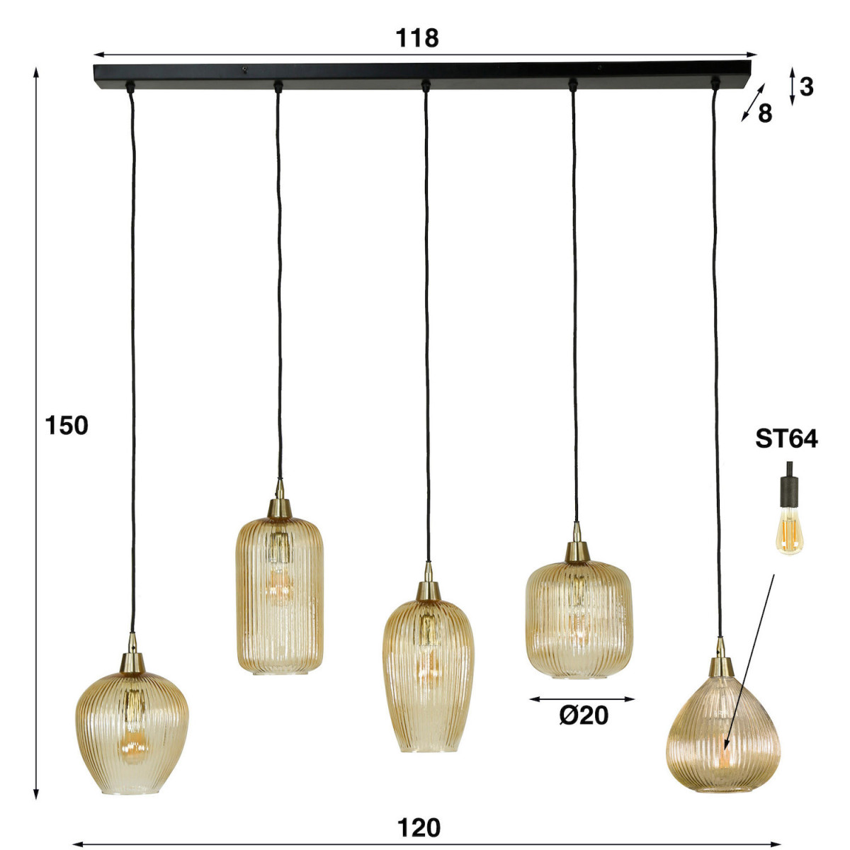 Suspension 5 globes en verre - AMBRE ambre, MATHI DESIGN