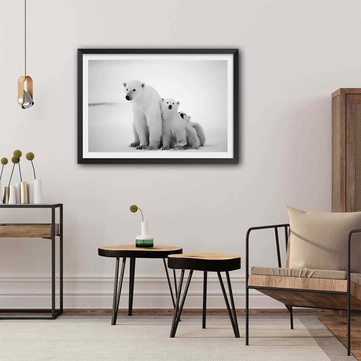 Affiche animaux family polar bear affiche + cadre en bois - noir, HEXOA