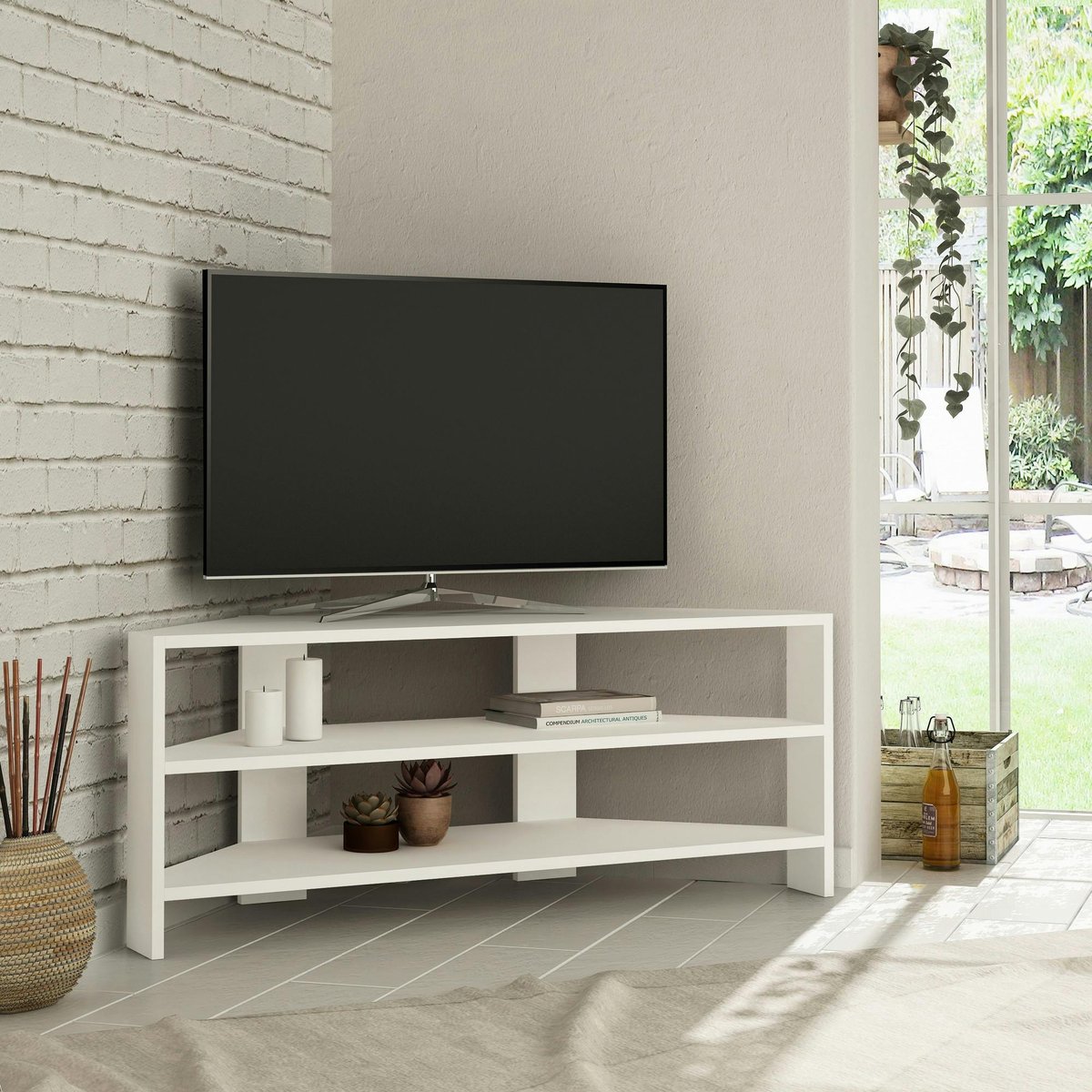 Meuble TV d'angle 3 plateaux ouverts MARFA blanc, PIER IMPORT