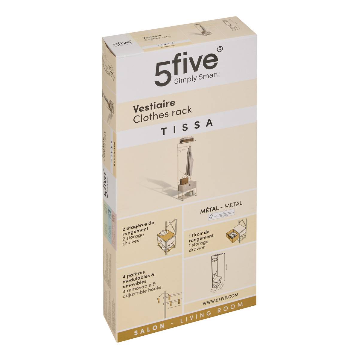 Dressing 4 patères avec 1 tiroir en acier et MDF TISSA beige, 5FIVE SIMPLY SMART