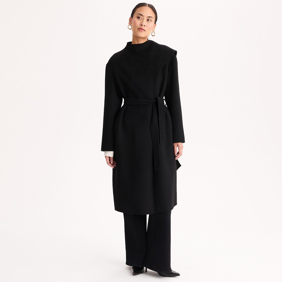 Manteau long fluide, ceinturé en laine mélangée avec encolure écharpe noir, ANNE WEYBURN