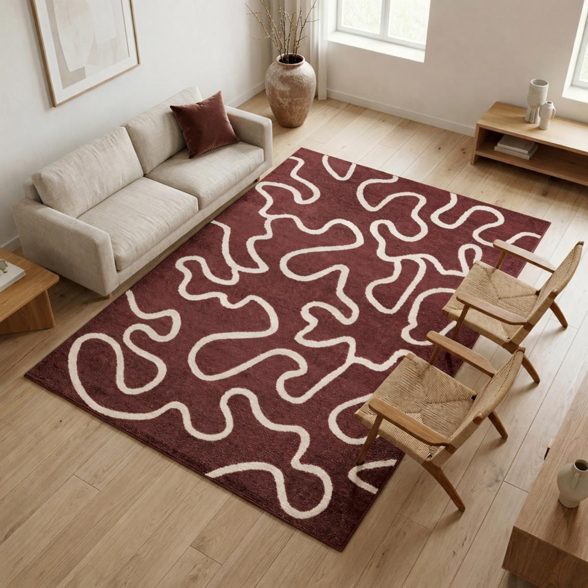 Tapis salon, motif abstrait en relief, graphique et tendance bordeaux, beige, UN AMOUR DE TAPIS