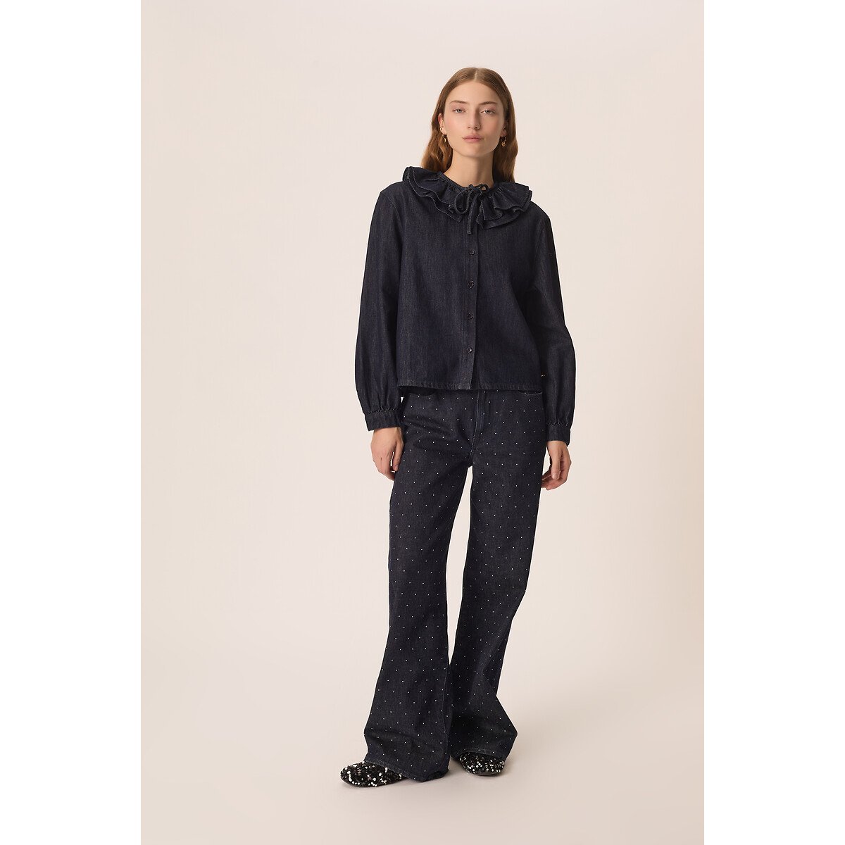 Jeansbluse mit Rüschenkragen, LOUIZIANNE denim, DES PETITS HAUTS