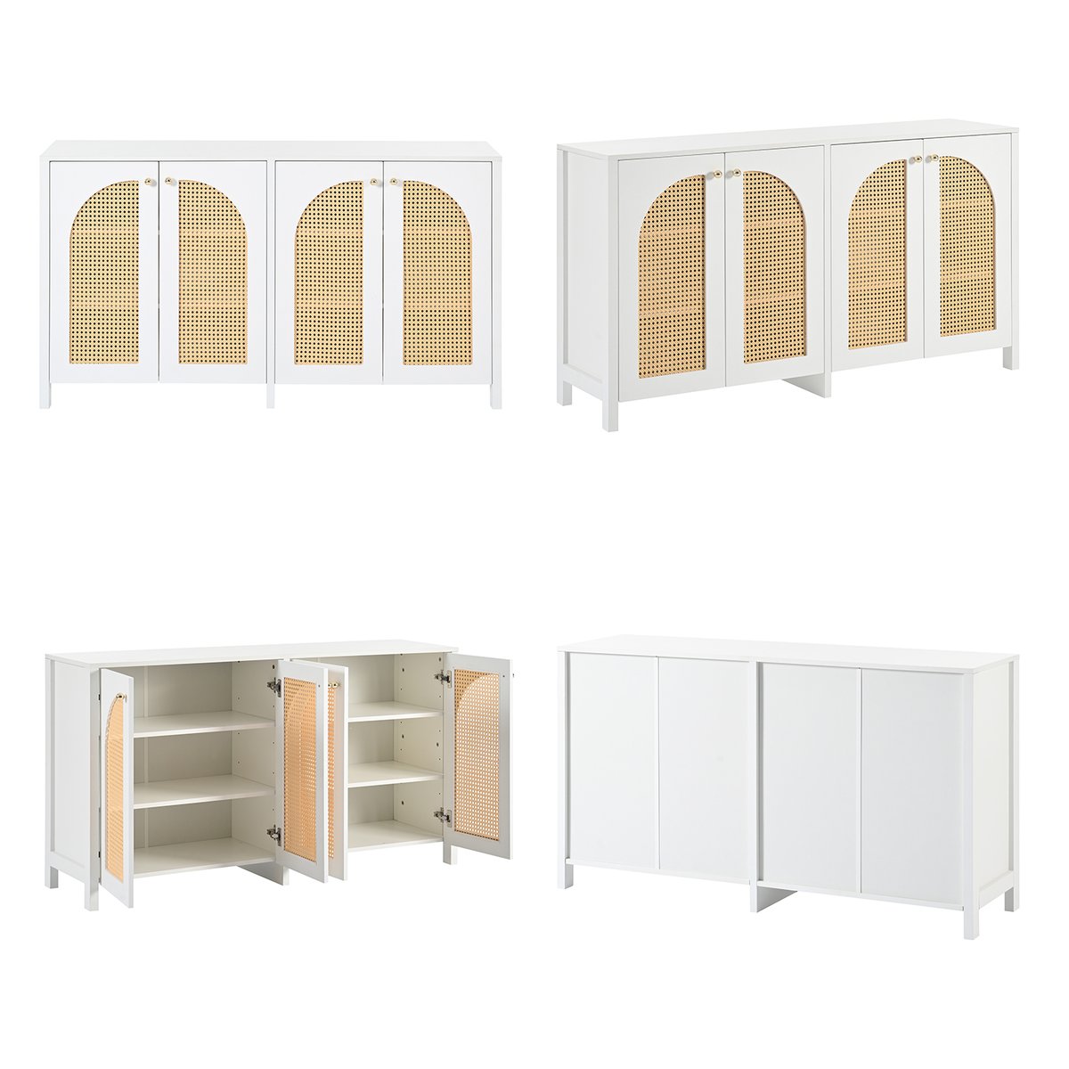 Armoire de rangement avec 4 portes et 6 couches et portes en rotin tressé, NOVAKB Armoire blanc, MEUBLES COSY