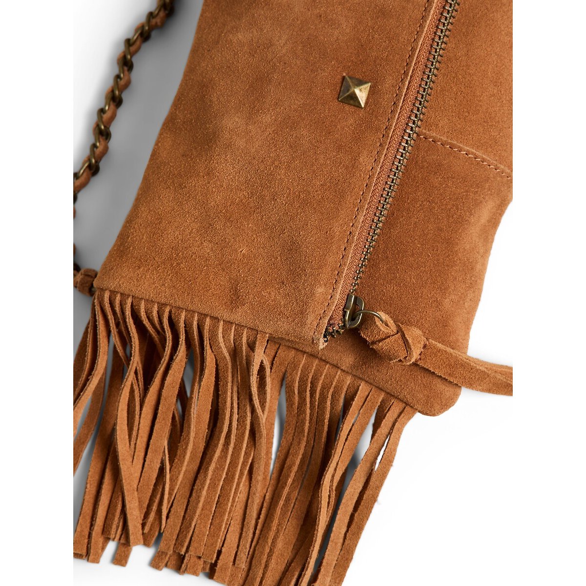Sac à main à franges, en cuir suédé, Aurora cognac, PIECES