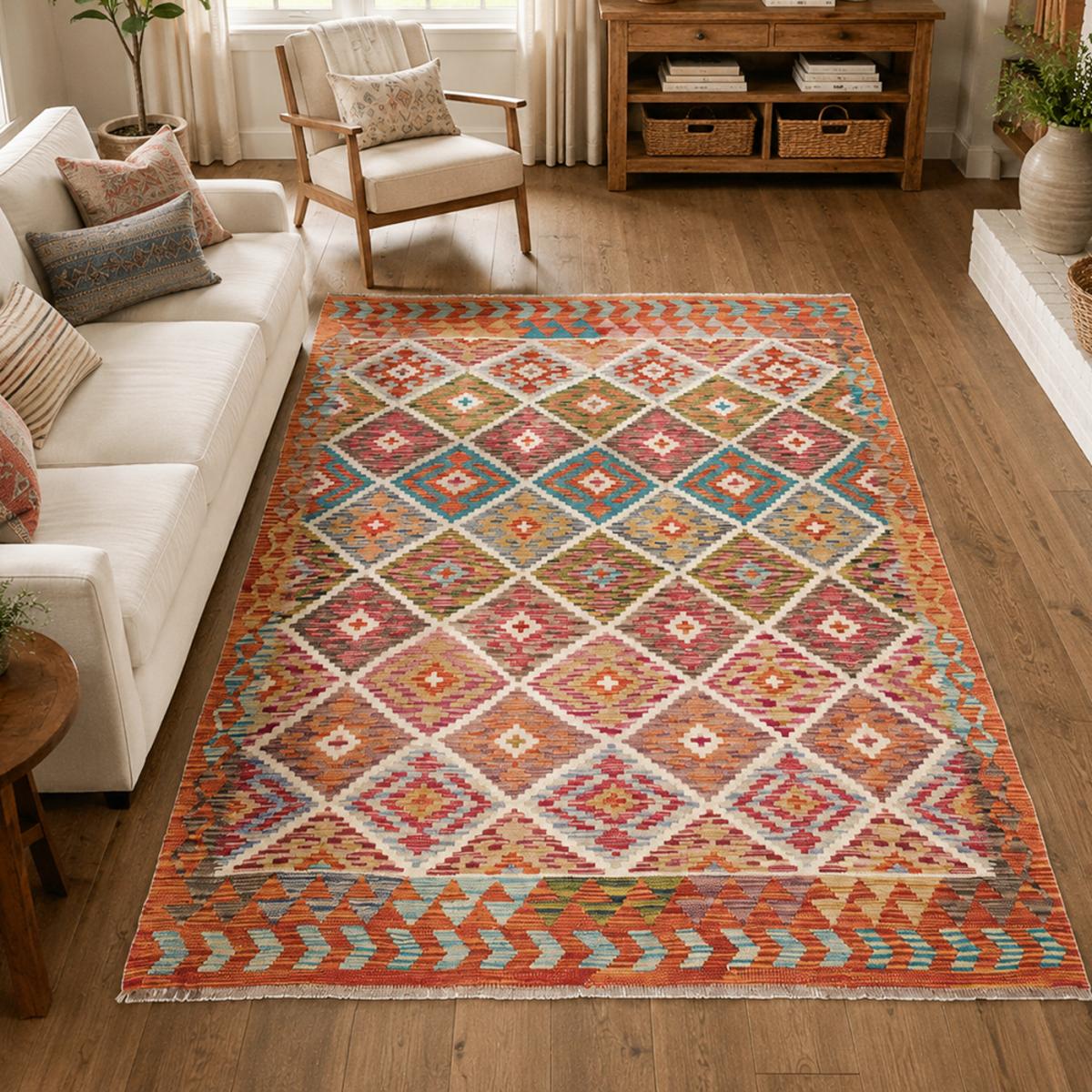 Tapis kilim au motif ethnique, tissé plat en laine, KILIM 29 multicolore, bleu, orange, UN AMOUR DE TAPIS