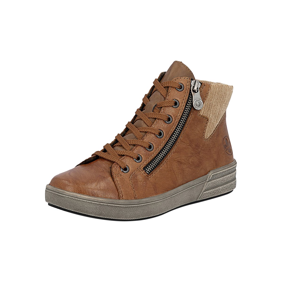 Bottines en cuir cognac à talon plat avec des lacets et un zip latéral cognac, RIEKER