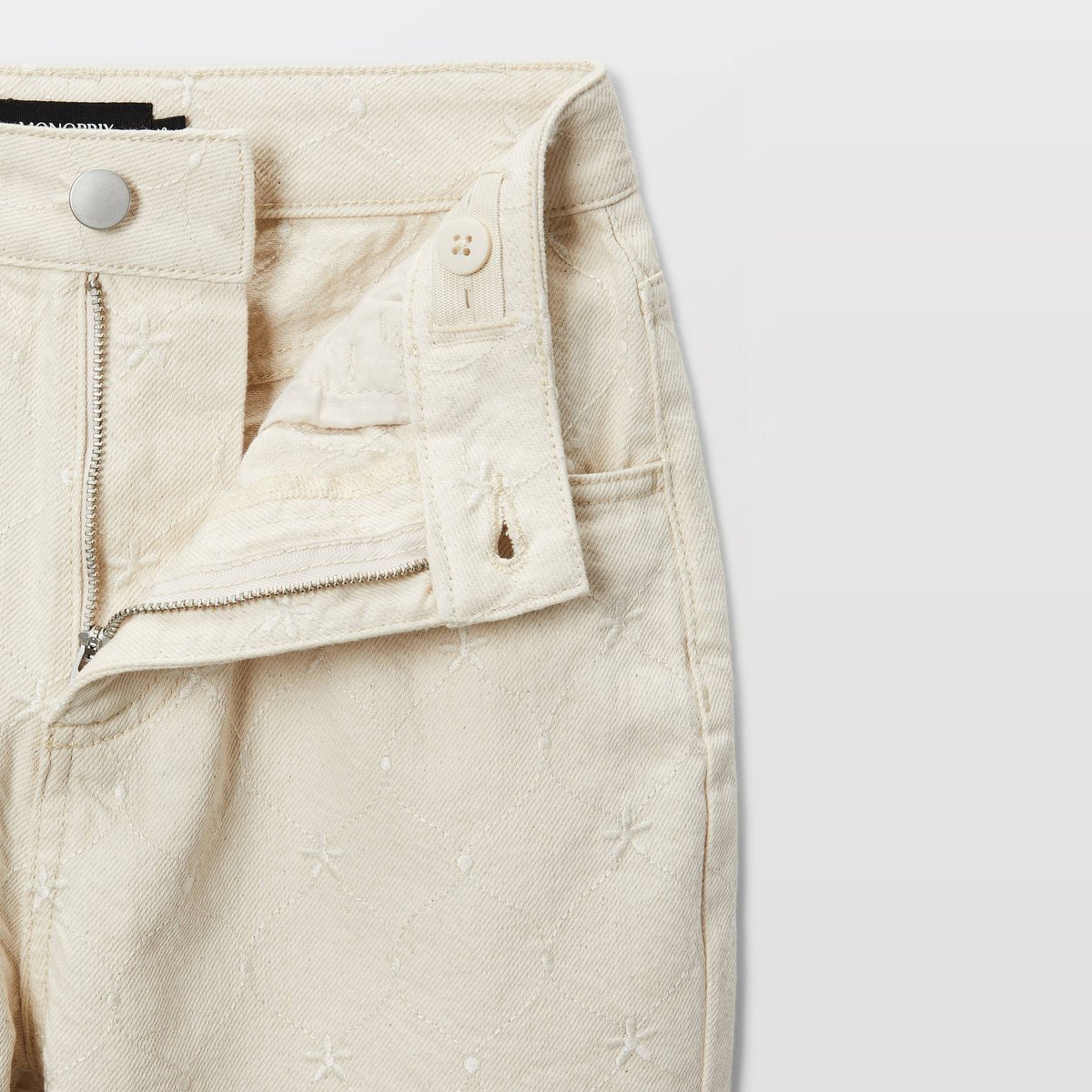 Pantalon large brodé en twill de coton butter cream, MONOPRIX