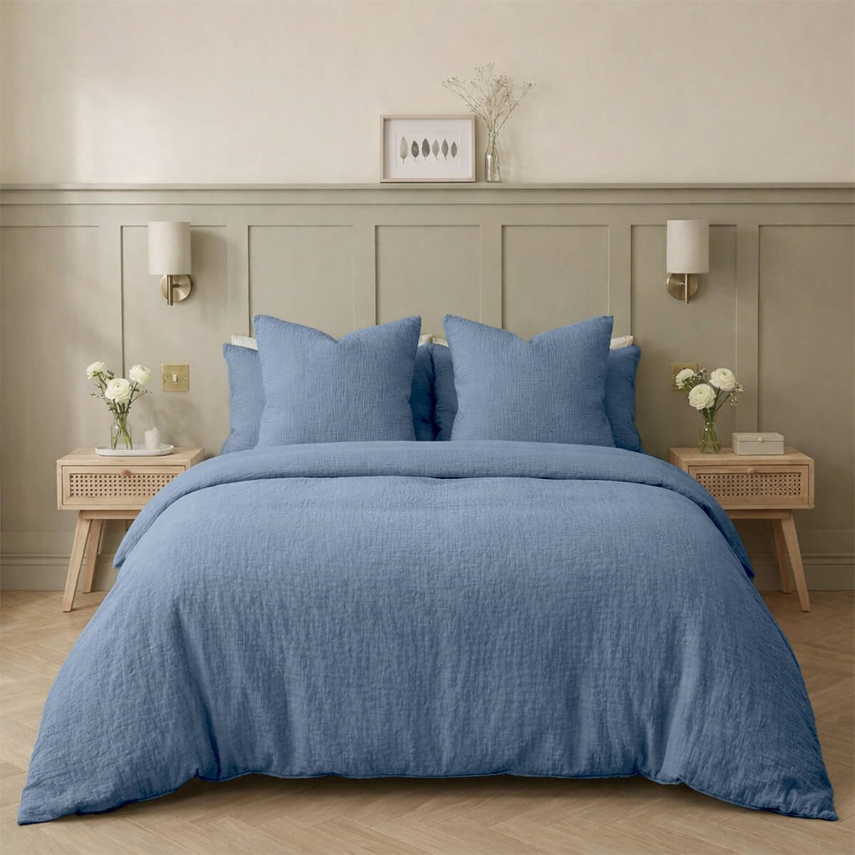 Parure + taies 50x70 gaze de coton ALMA Made in Europe bleu, FEBRONIE