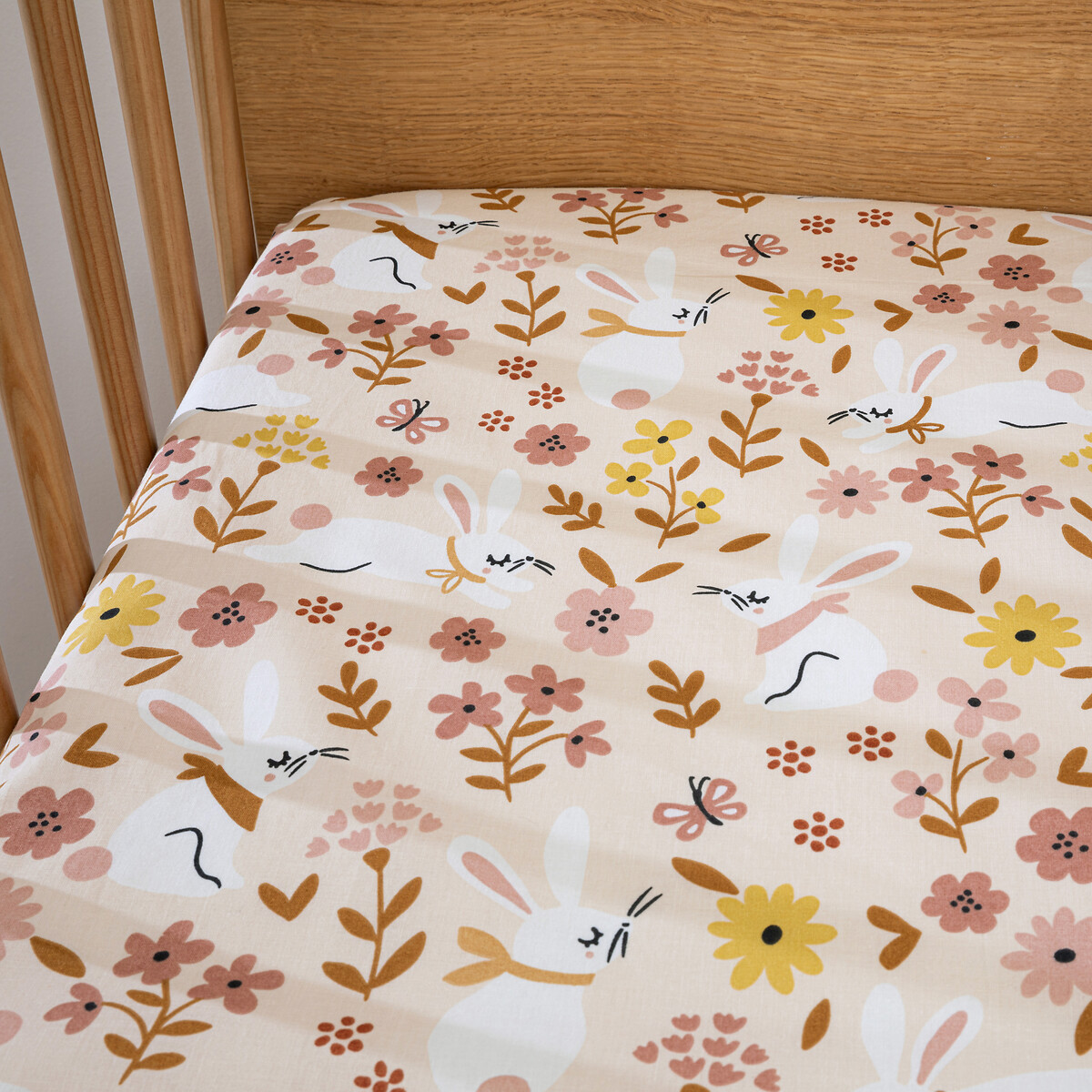 Drap-housse bébé coton biologique, Lapin fleuri imprimé rose, LA REDOUTE INTERIEURS
