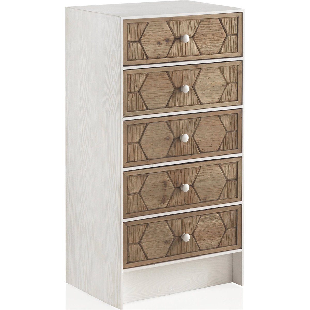 Commode 5 tiroirs en bois, Déco hexagonale blanc frêne et bois naturel, RECOLLECTION